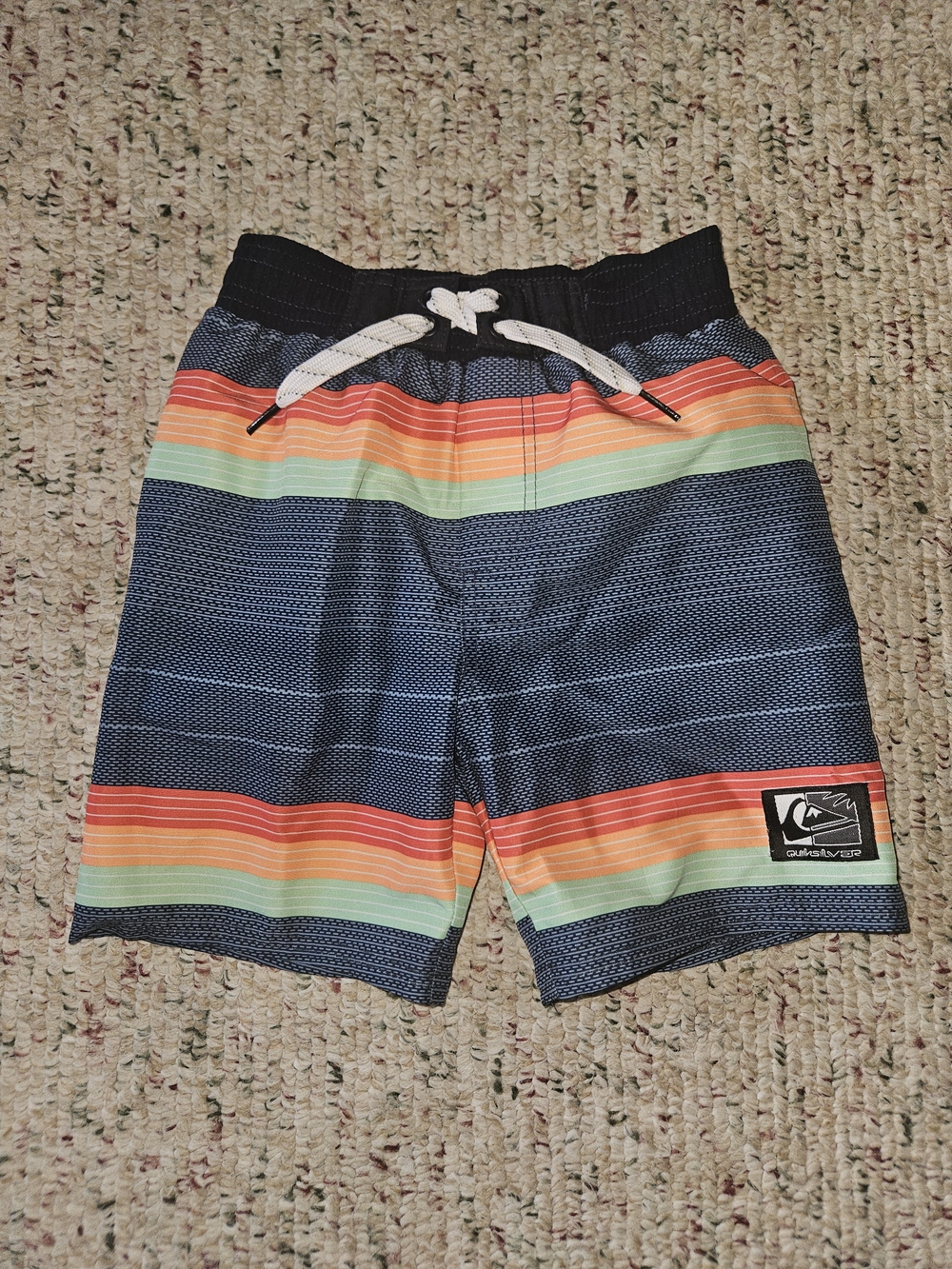 Quiksilver Boys Blue Stripe Swim Trunks with Orange, Green, and White Accents